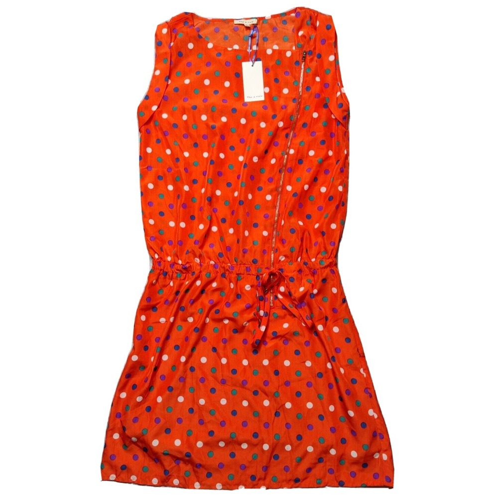 TEA N ROSE Women Large Orange Polka‎ Dots Lined Asymmetrical Zip Shift Dress NEW
